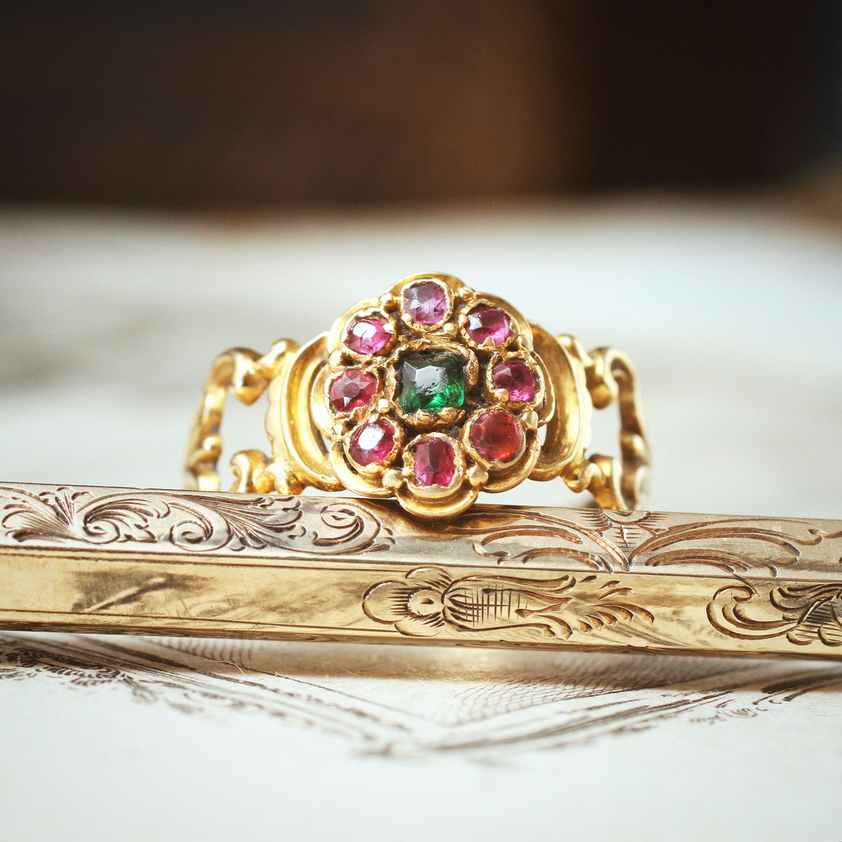 Early Victorian Ruby & Emerald Floral Cluster Ring