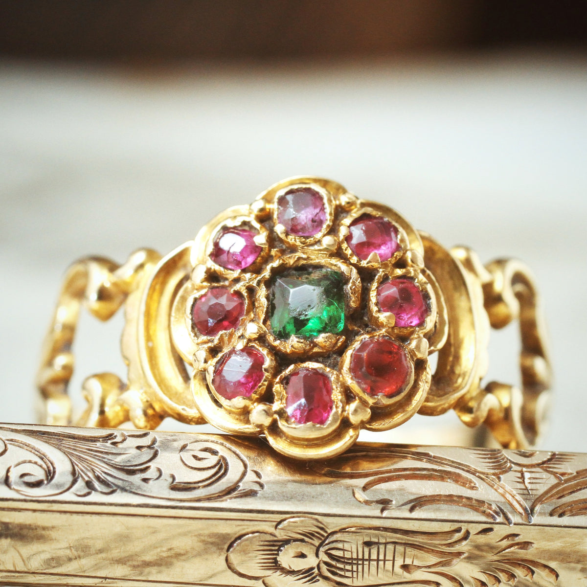 Early Victorian Ruby & Emerald Floral Cluster Ring