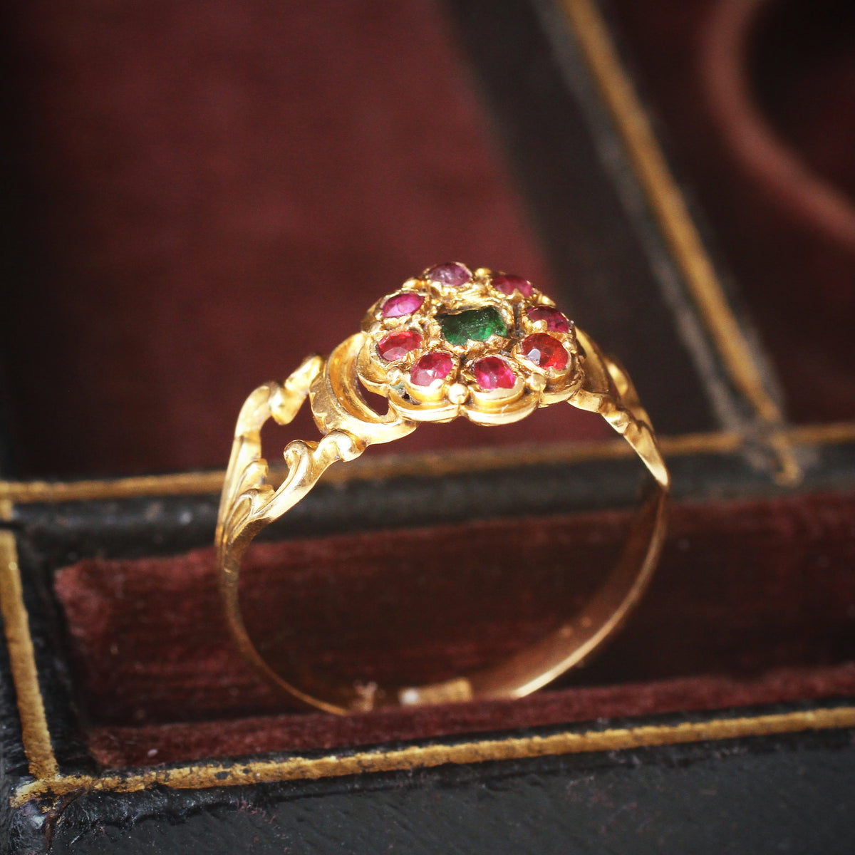 Early Victorian Ruby & Emerald Floral Cluster Ring