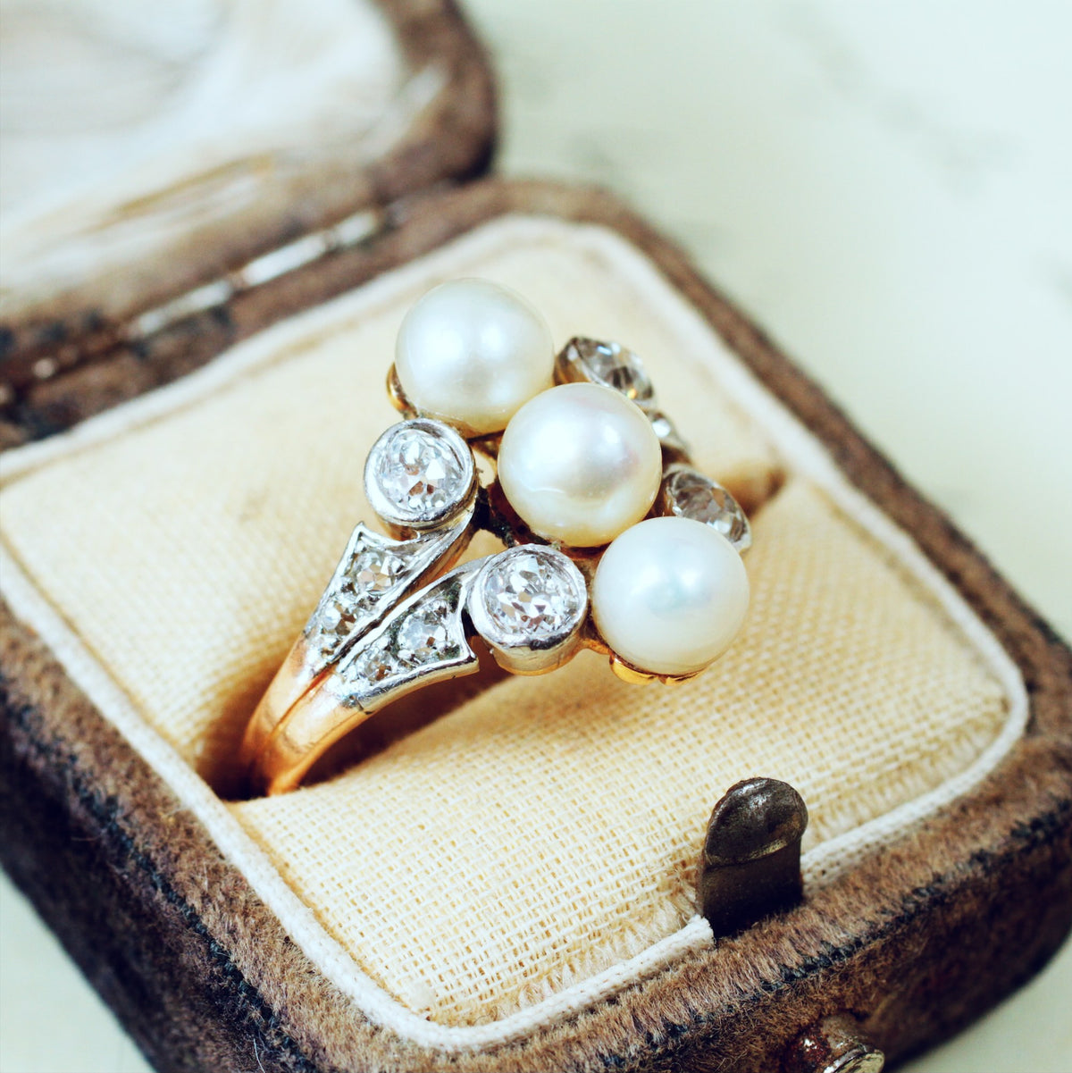 Antique Art Nouveau Natural Pearl & Diamond Ring