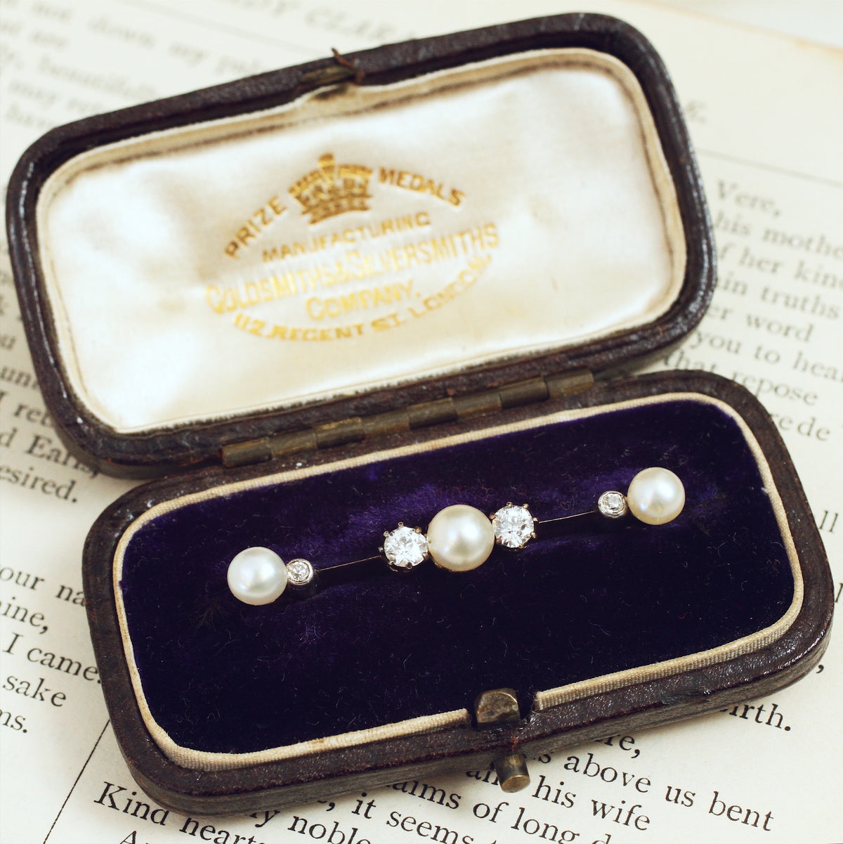 Antique Victorian Natural Pearl & Diamond Brooch in Original Box