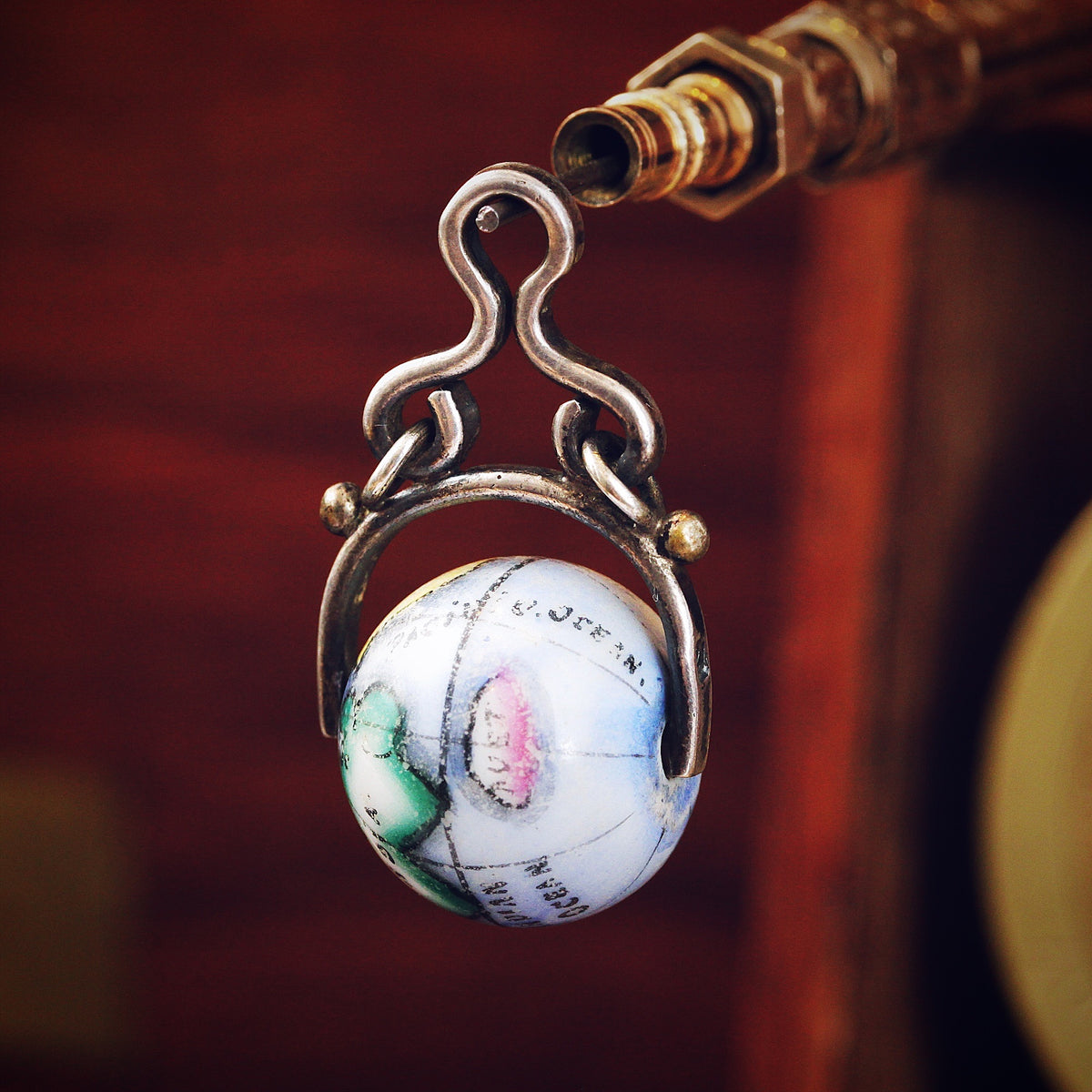 Antique Silver & Porcelain Globe Swivel Fob