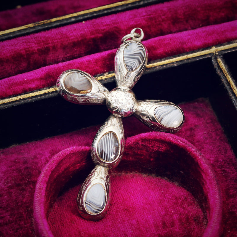 Victorian Scottish Agate Cross Silver Pendant