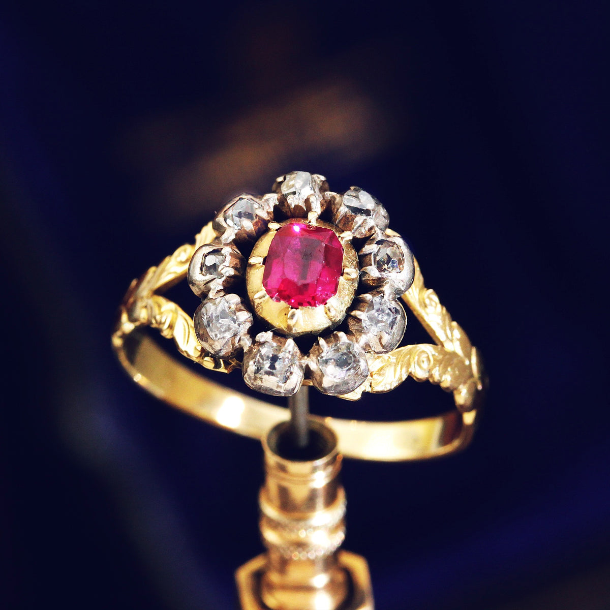 Rare Early Victorian Ruby & Diamond Blossom Ring