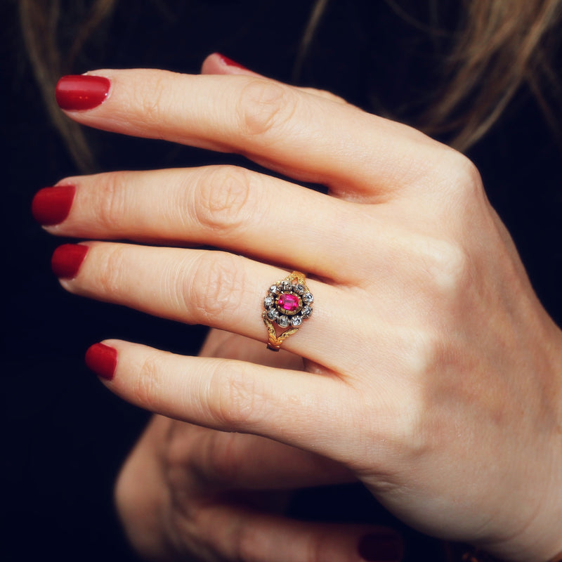 Rare Early Victorian Ruby and Diamond Blossom Ring