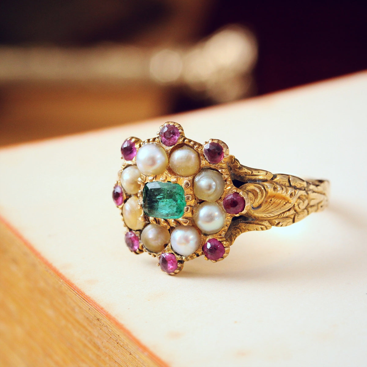 Exquisite Antique Georgian Emerald, Pearl and Ruby Ring