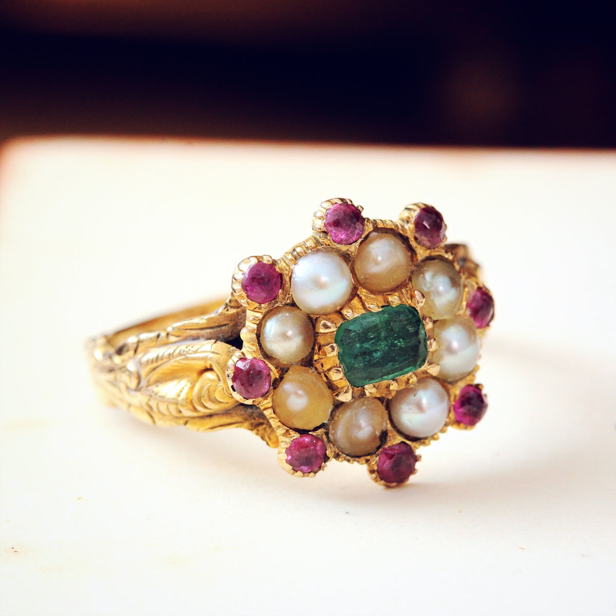 Exquisite Antique Georgian Emerald, Pearl and Ruby Ring