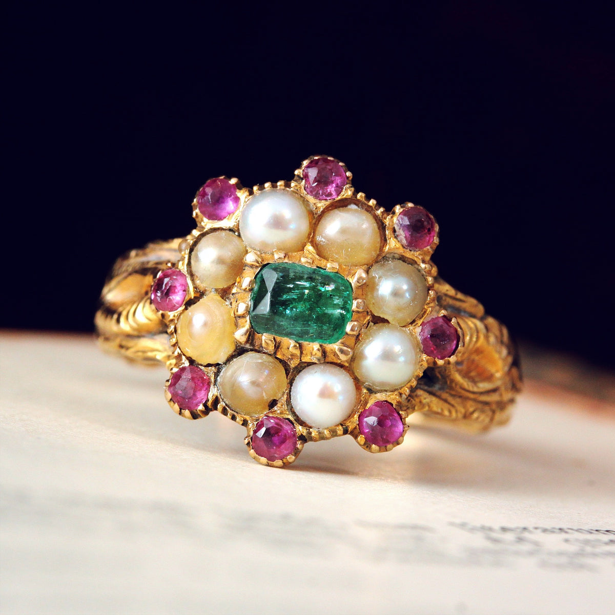 Exquisite Antique Georgian Emerald, Pearl and Ruby Ring