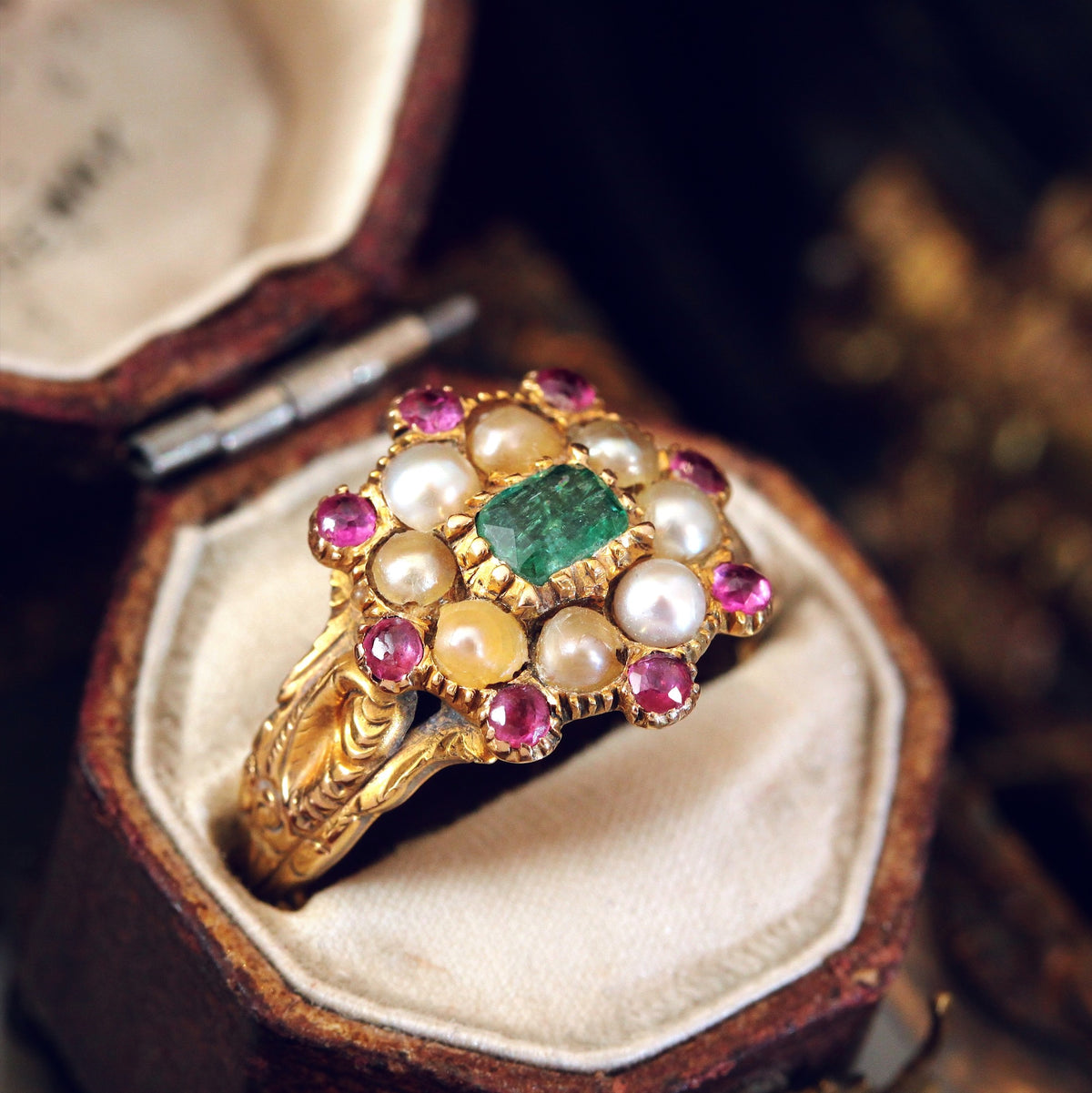 Exquisite Antique Georgian Emerald, Pearl and Ruby Ring