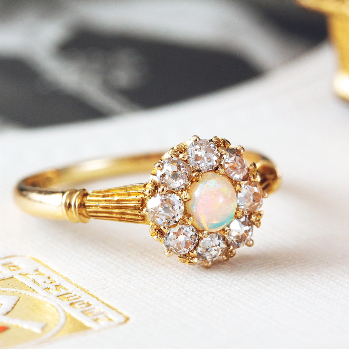 Antique Date 1890 Opal & Diamond Blossom Ring