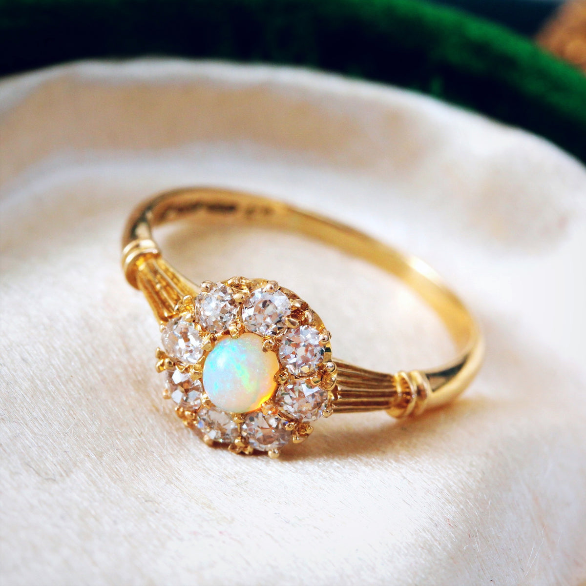 Antique Date 1890 Opal & Diamond Blossom Ring