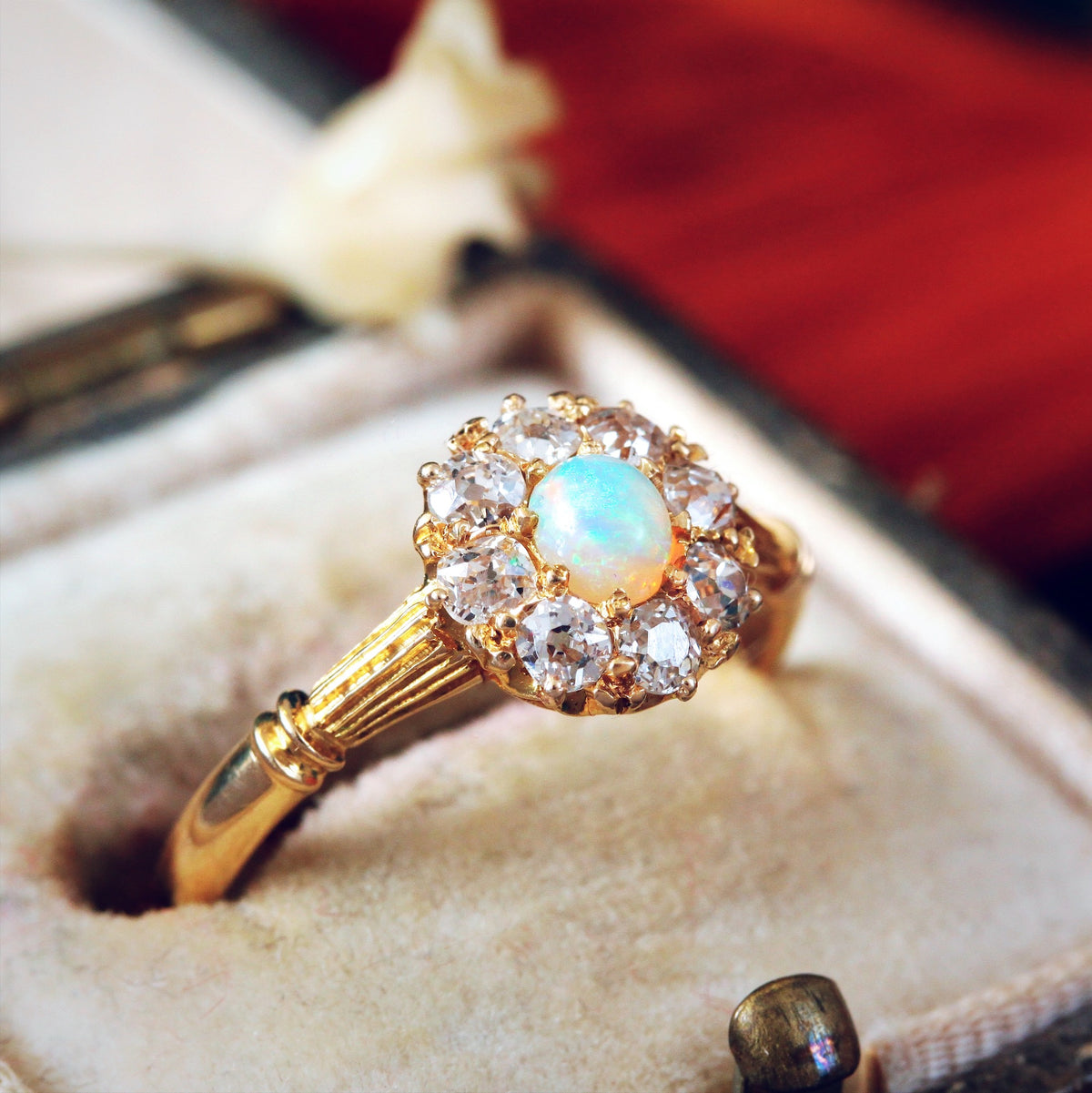 Antique Date 1890 Opal & Diamond Blossom Ring