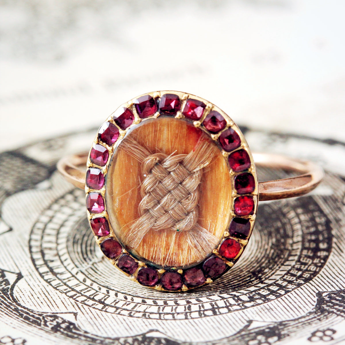 Antique Georgian Garnet Woven Hair Memorial Ring