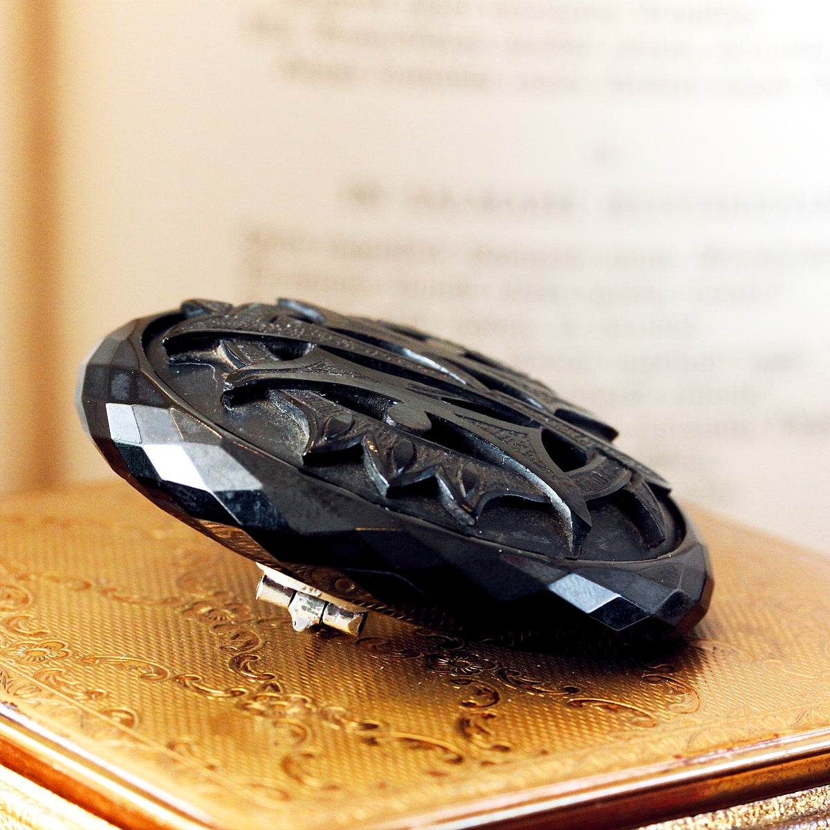 Victorian Whitby Jet 'IMO' Brooch