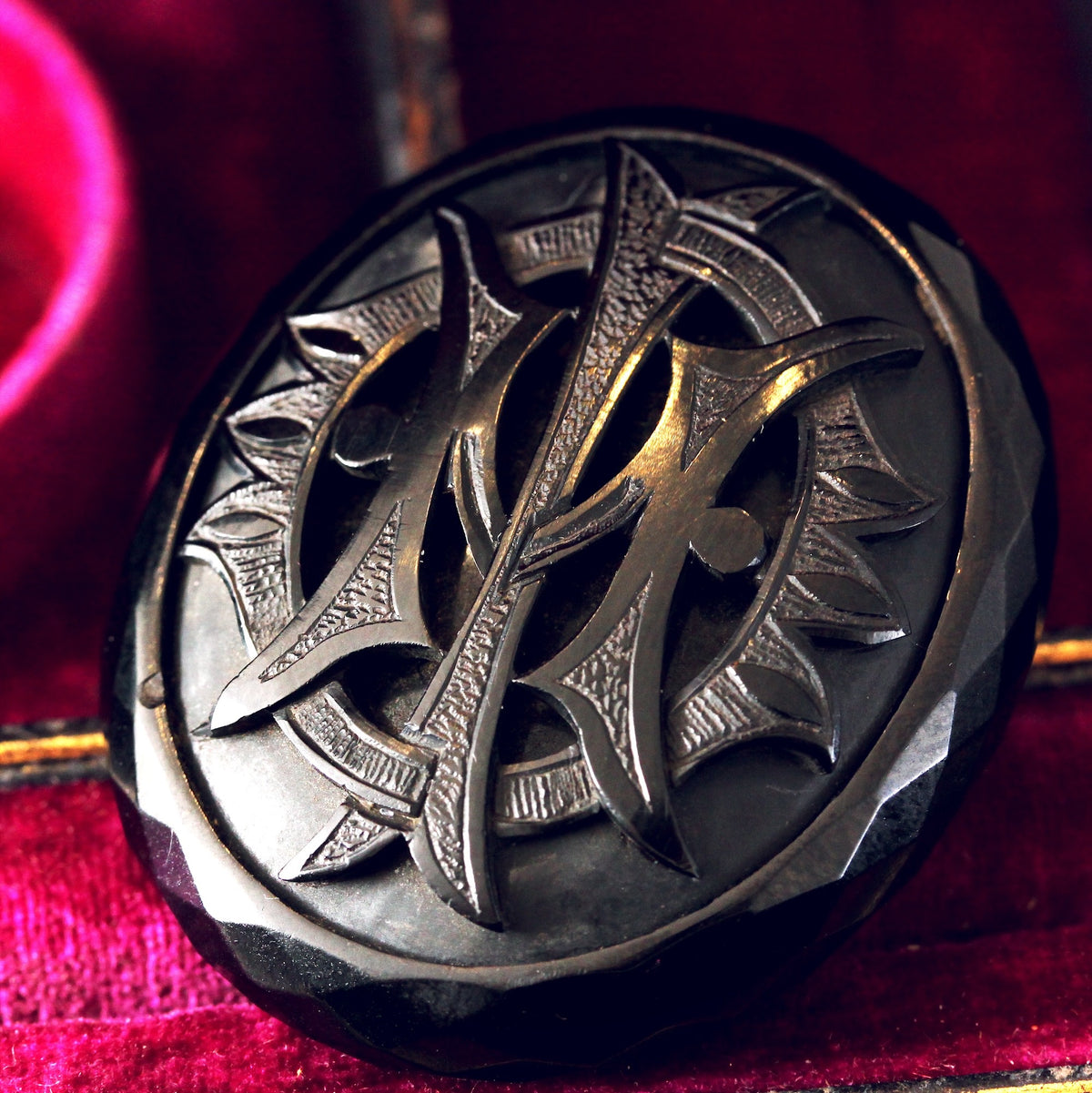 Victorian Whitby Jet 'IMO' Brooch