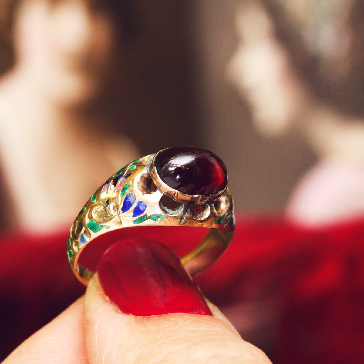 Antique Cabochon Garnet Renaissance Revival Enamelled Ring