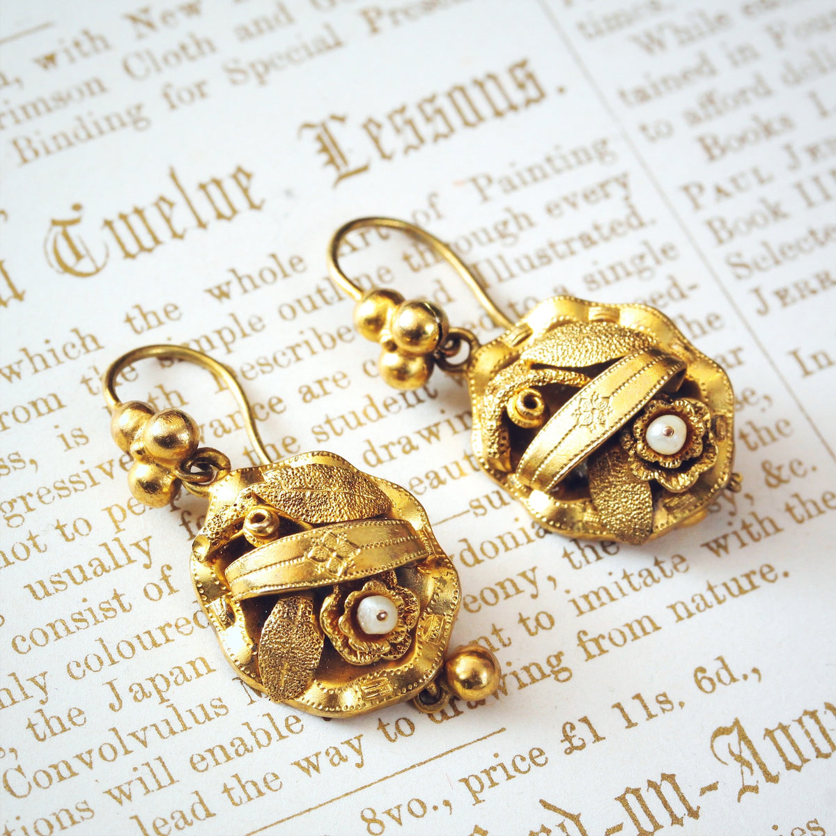 Circa 1860's Floral Pinchbeck Drop Earrings