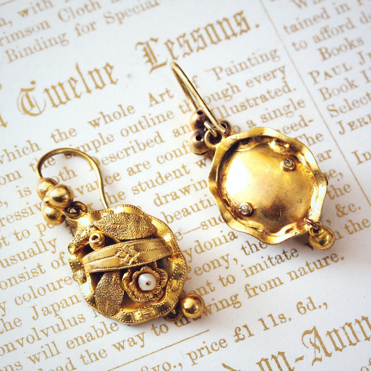 Circa 1860's Floral Pinchbeck Drop Earrings