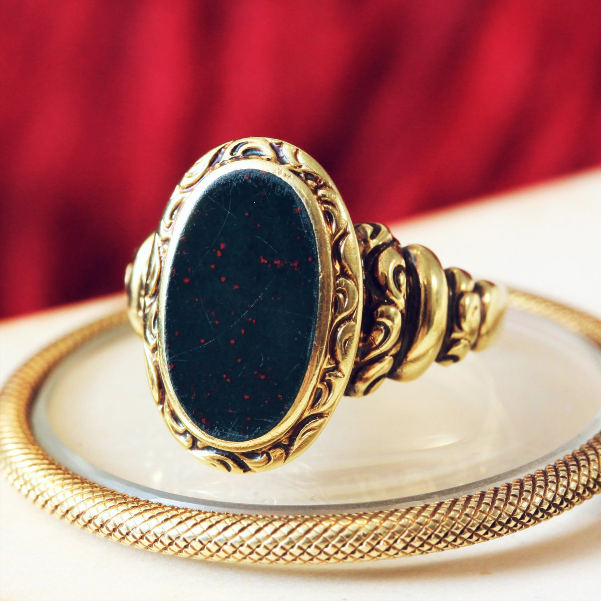 Rococo Styled 14ct Gold Bloodstone Signet Ring