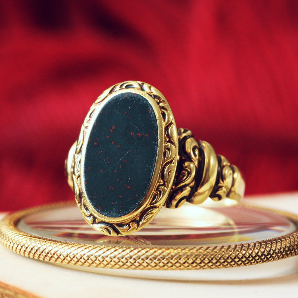 Rococo Styled 14ct Gold Bloodstone Signet Ring