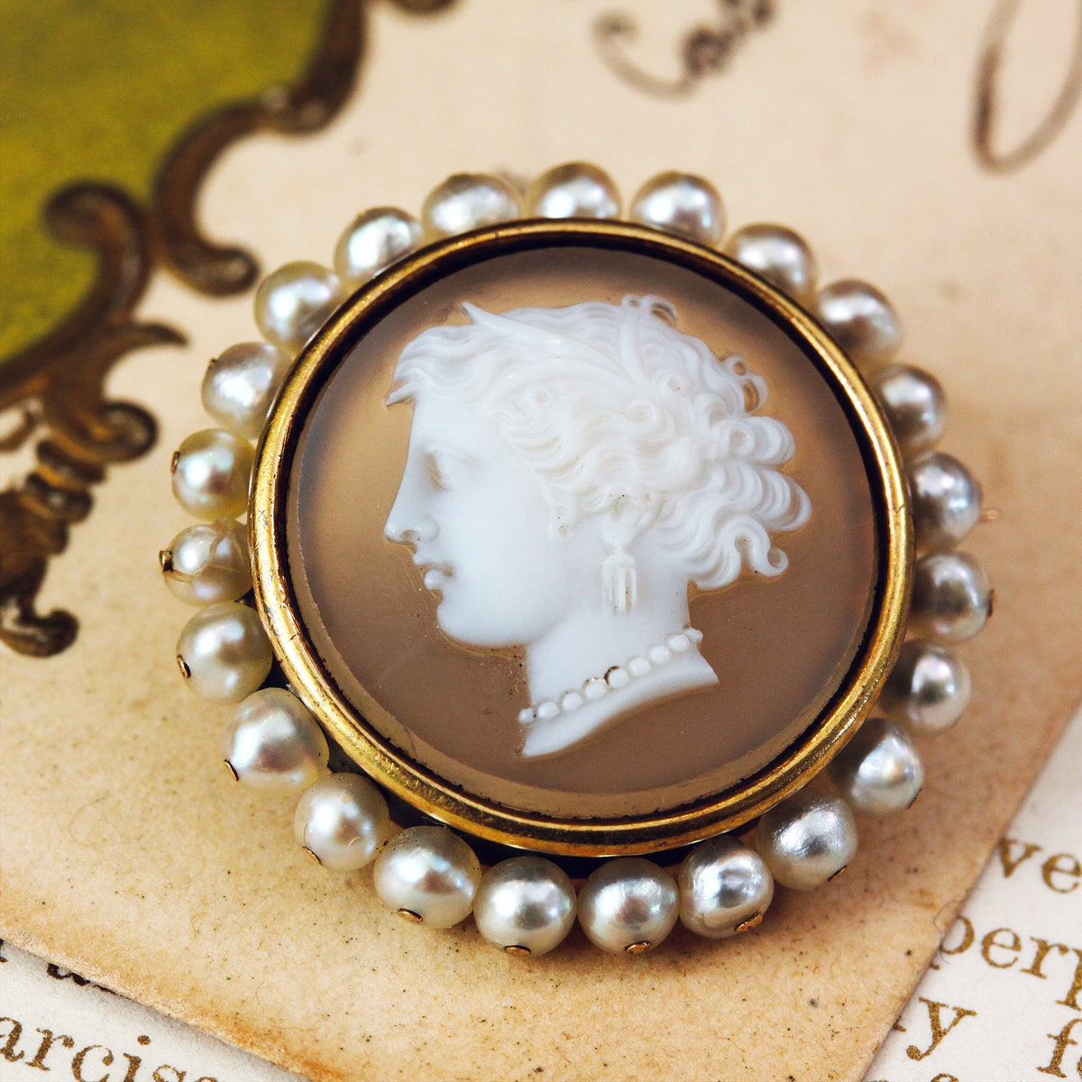 Hardstone Cameo & Wild Pearl Brooch