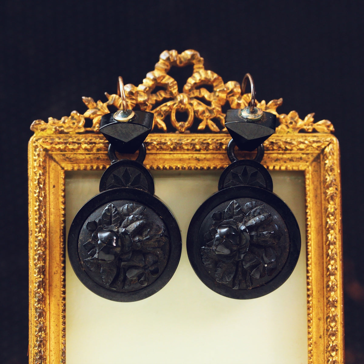 Antique Victorian Whitby Jet Cameo Earrings