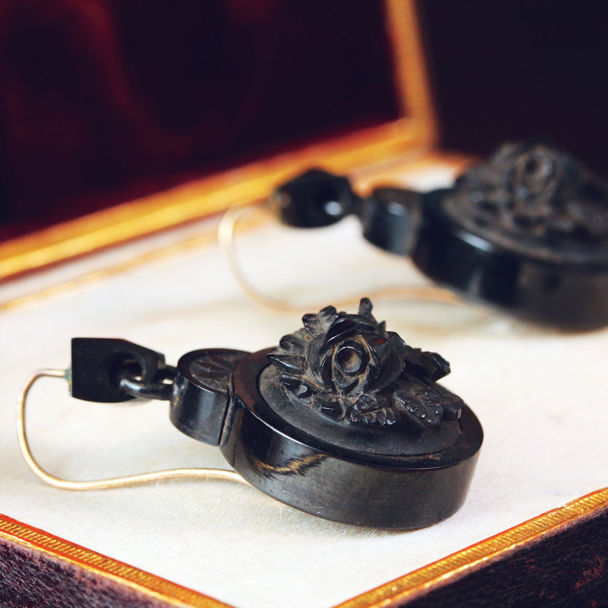 Antique Victorian Whitby Jet Cameo Earrings