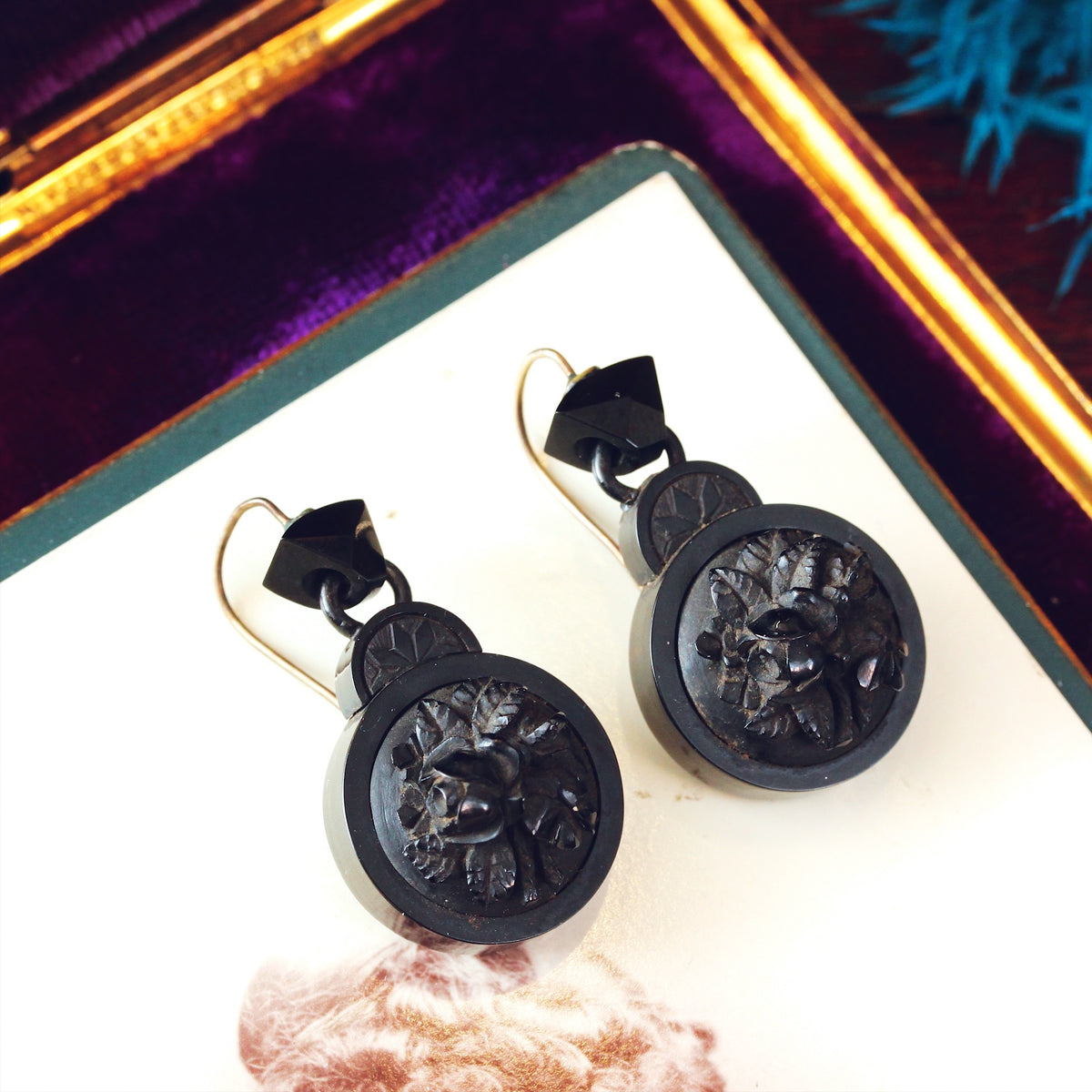 Antique Victorian Whitby Jet Cameo Earrings