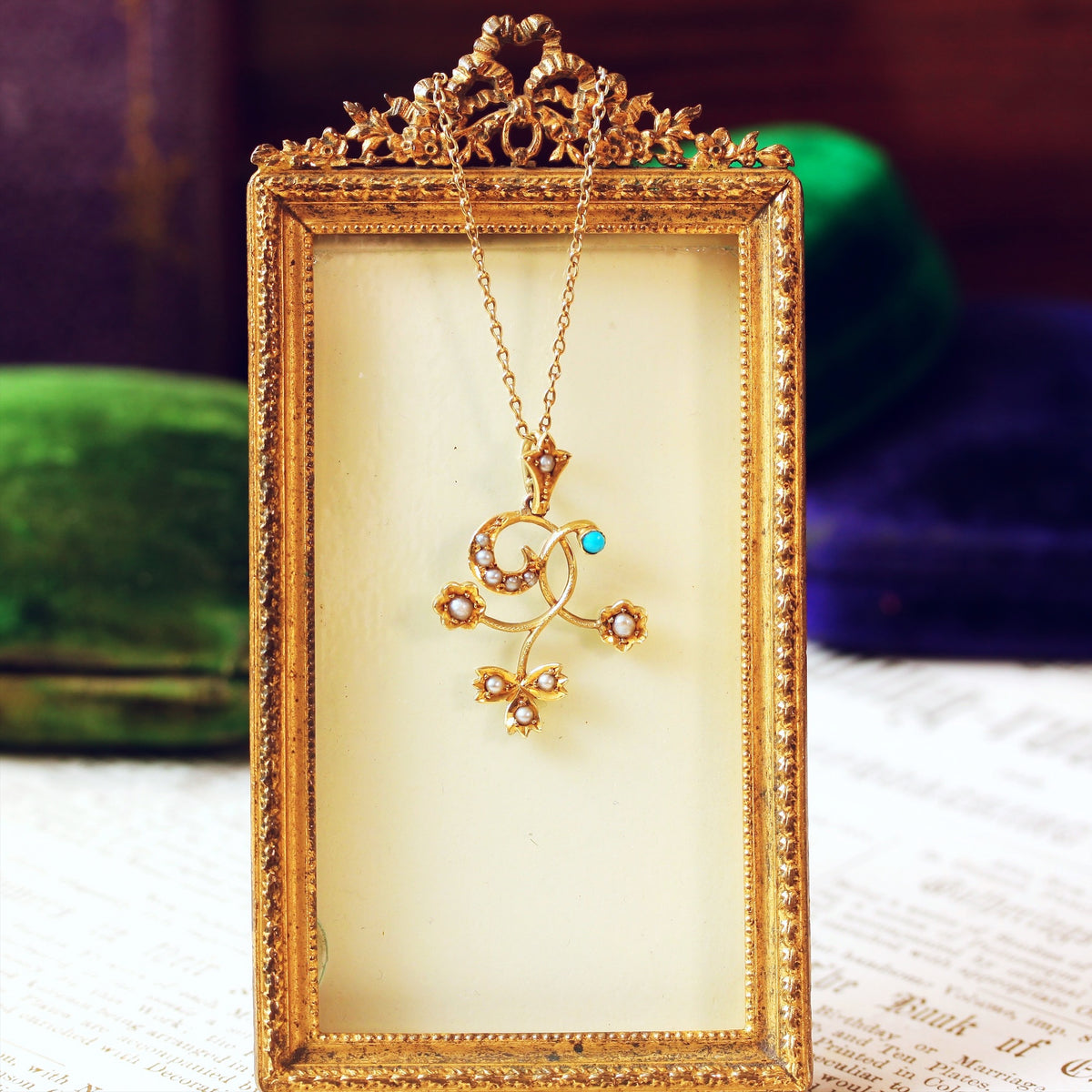 Antique 15ct Gold Victorian Turquoise & Seed Pearl Pendant