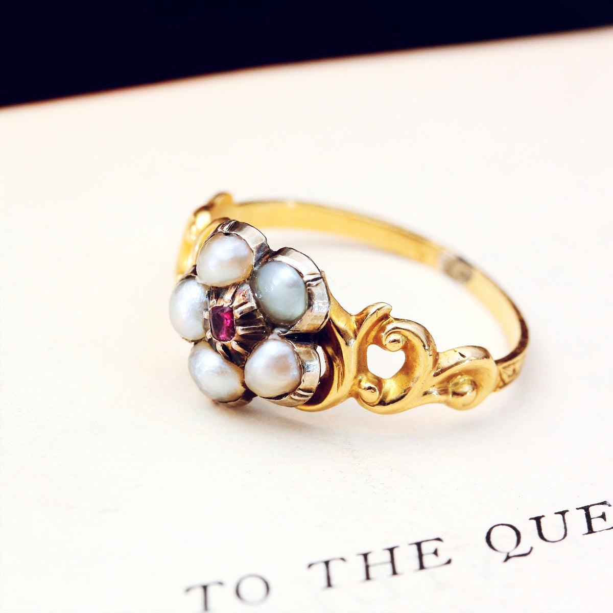 Antique Wild Pearl & Ruby Pansy Ring