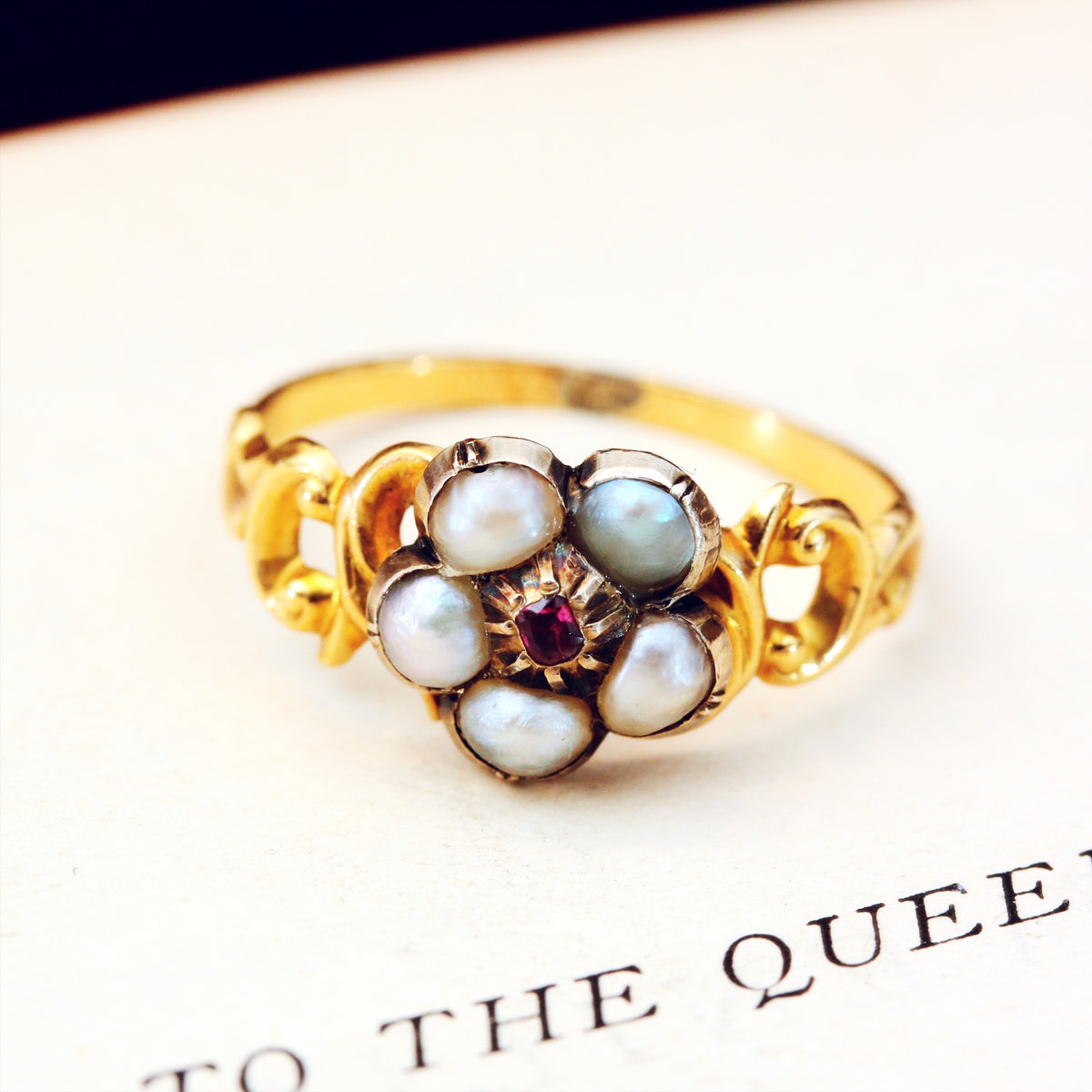 Antique Wild Pearl & Ruby Pansy Ring