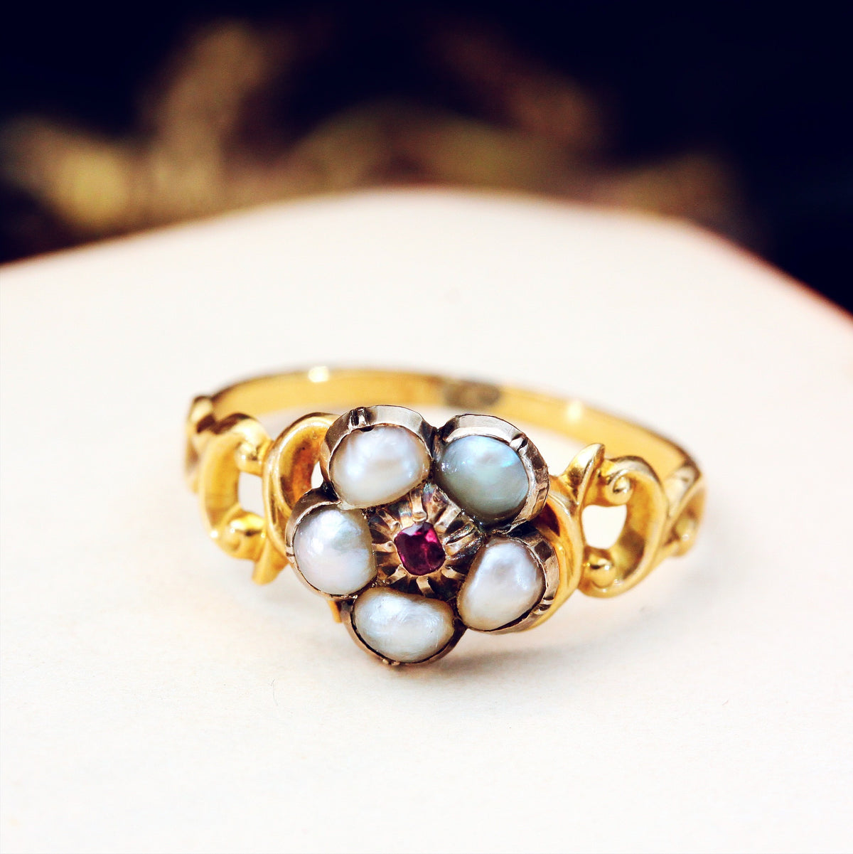 Circa 1840 Wild Pearl & Ruby Pansy Ring