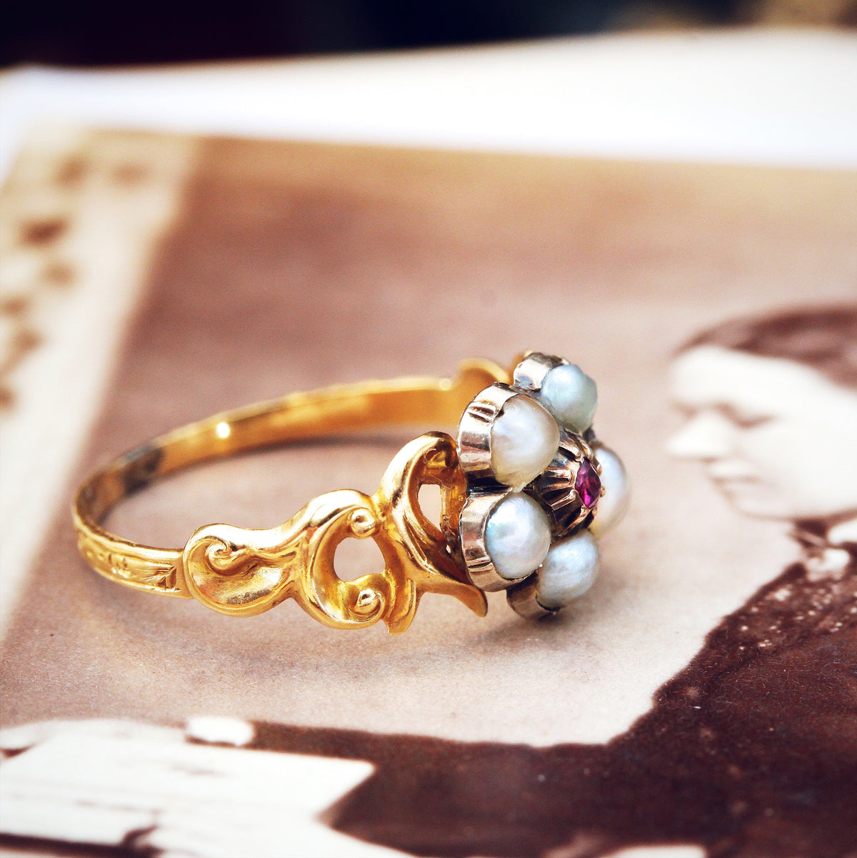 Circa 1840 Wild Pearl & Ruby Pansy Ring