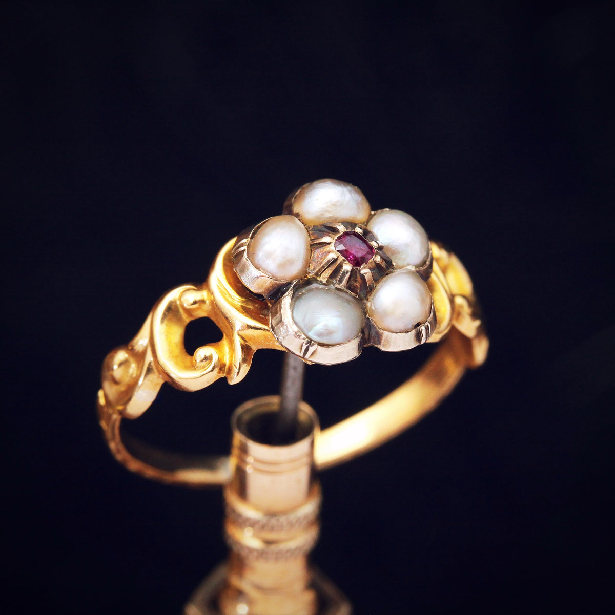 Antique Wild Pearl & Ruby Pansy Ring