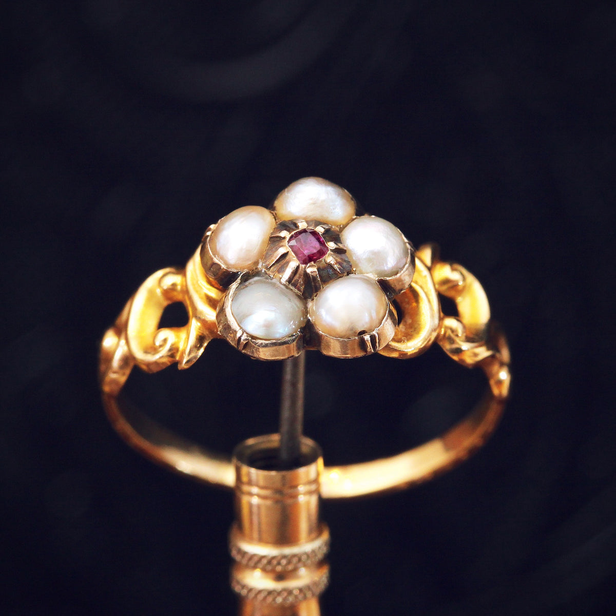 Antique Wild Pearl & Ruby Pansy Ring