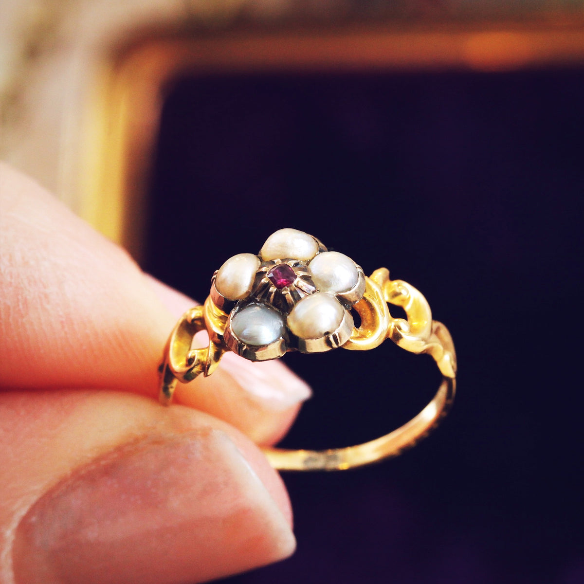 Antique Wild Pearl & Ruby Pansy Ring