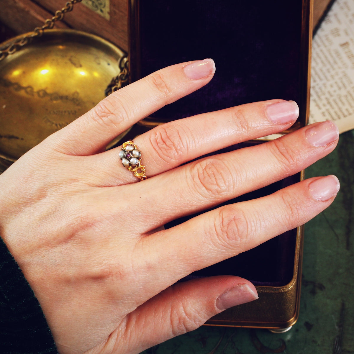 Antique Wild Pearl & Ruby Pansy Ring