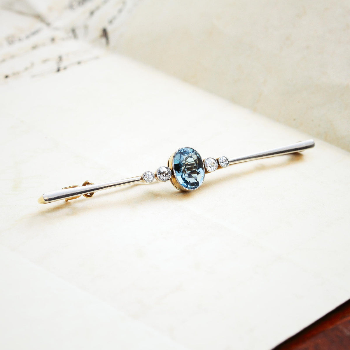 Pristine Antique Aquamarine & Diamond Bar Brooch