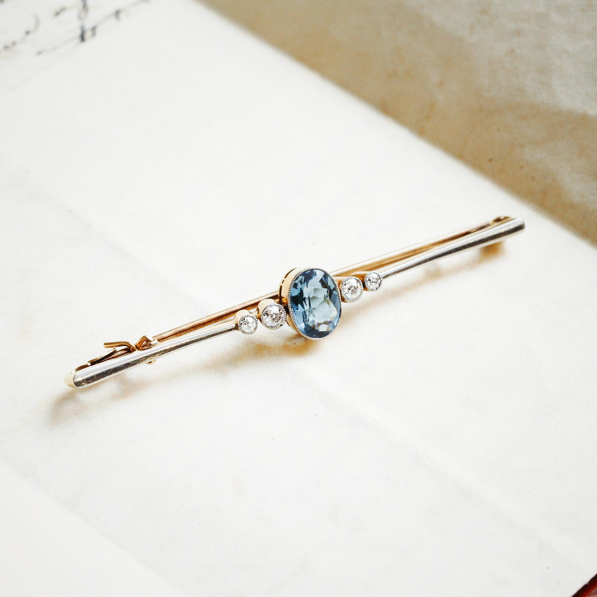 Pristine Antique Aquamarine & Diamond Bar Brooch