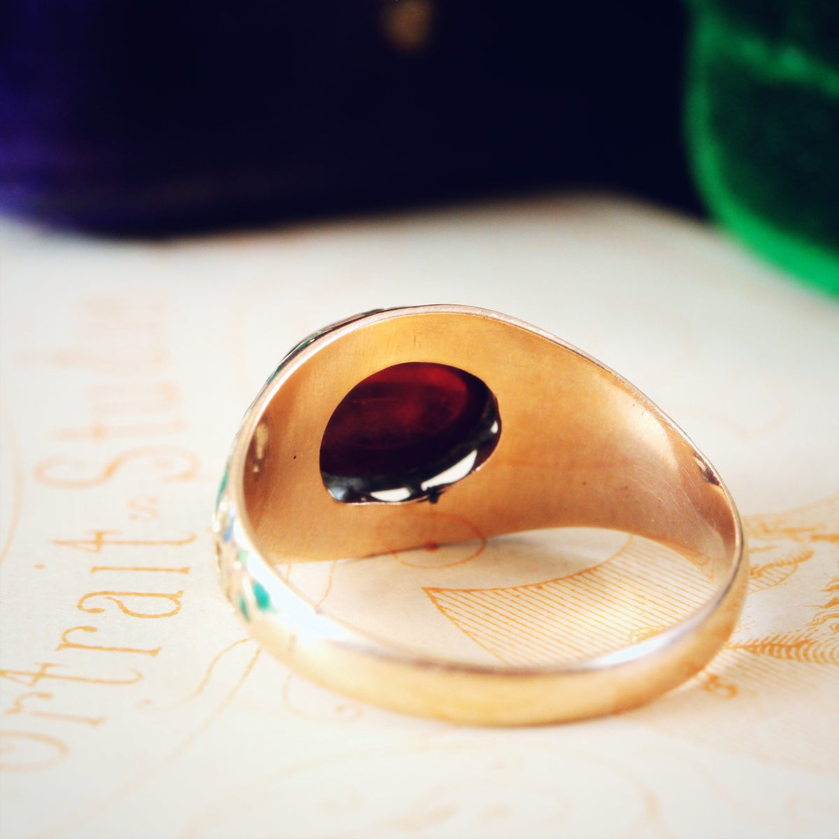 Antique Cabochon Garnet Gothic Revival Enamelled Ring