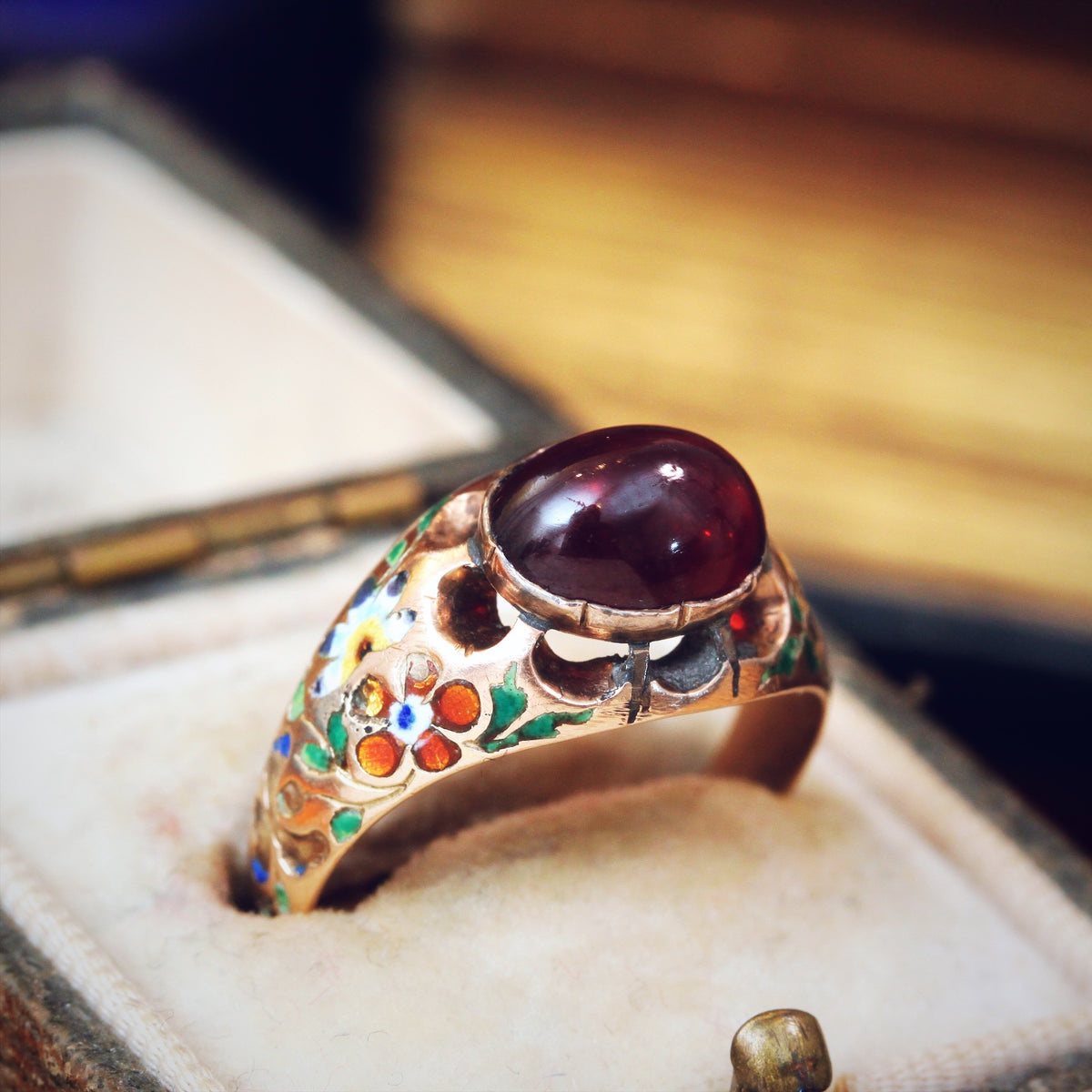 Antique Cabochon Garnet Gothic Revival Enamelled Ring