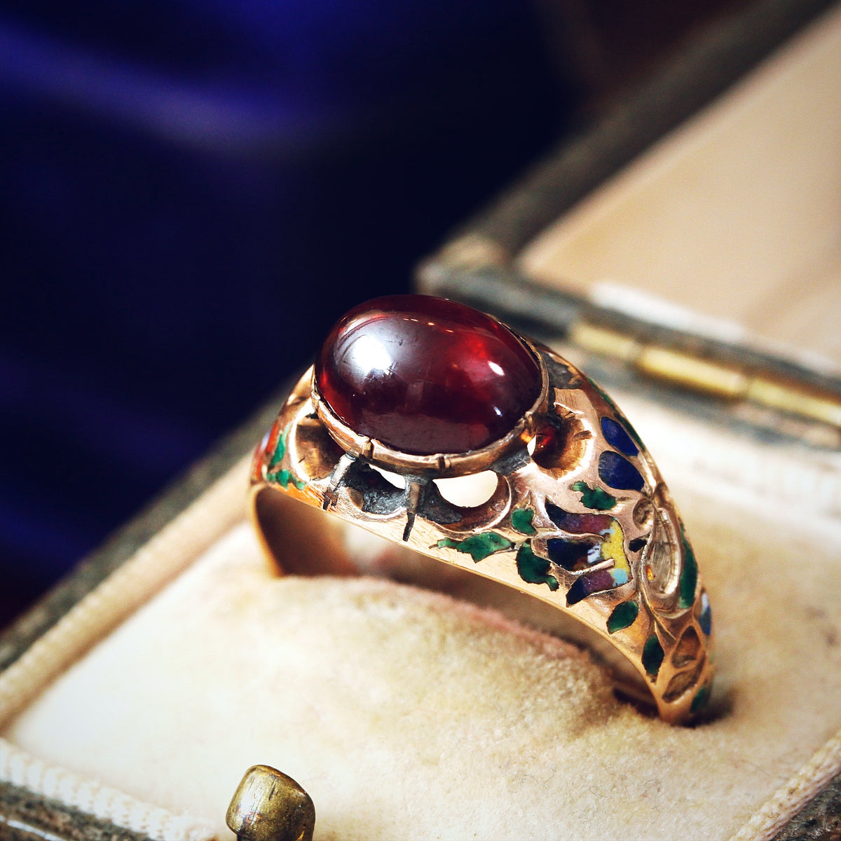 Antique Cabochon Garnet Renaissance Revival Enamelled Ring