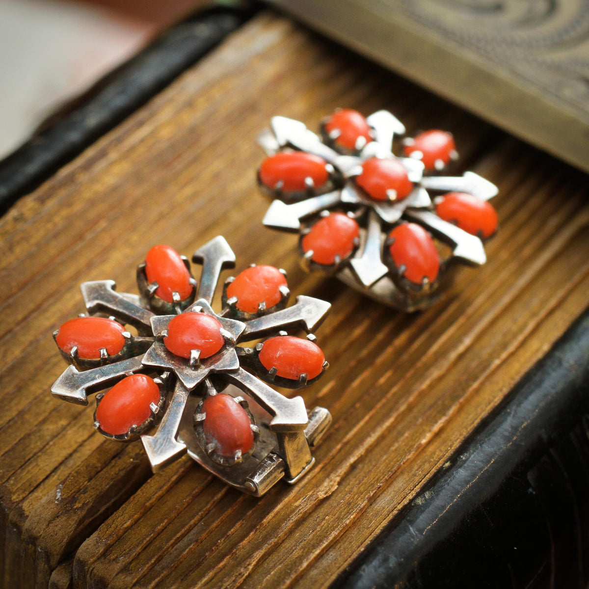 Vintage Mid Century Mexican Coral Silver Earrings