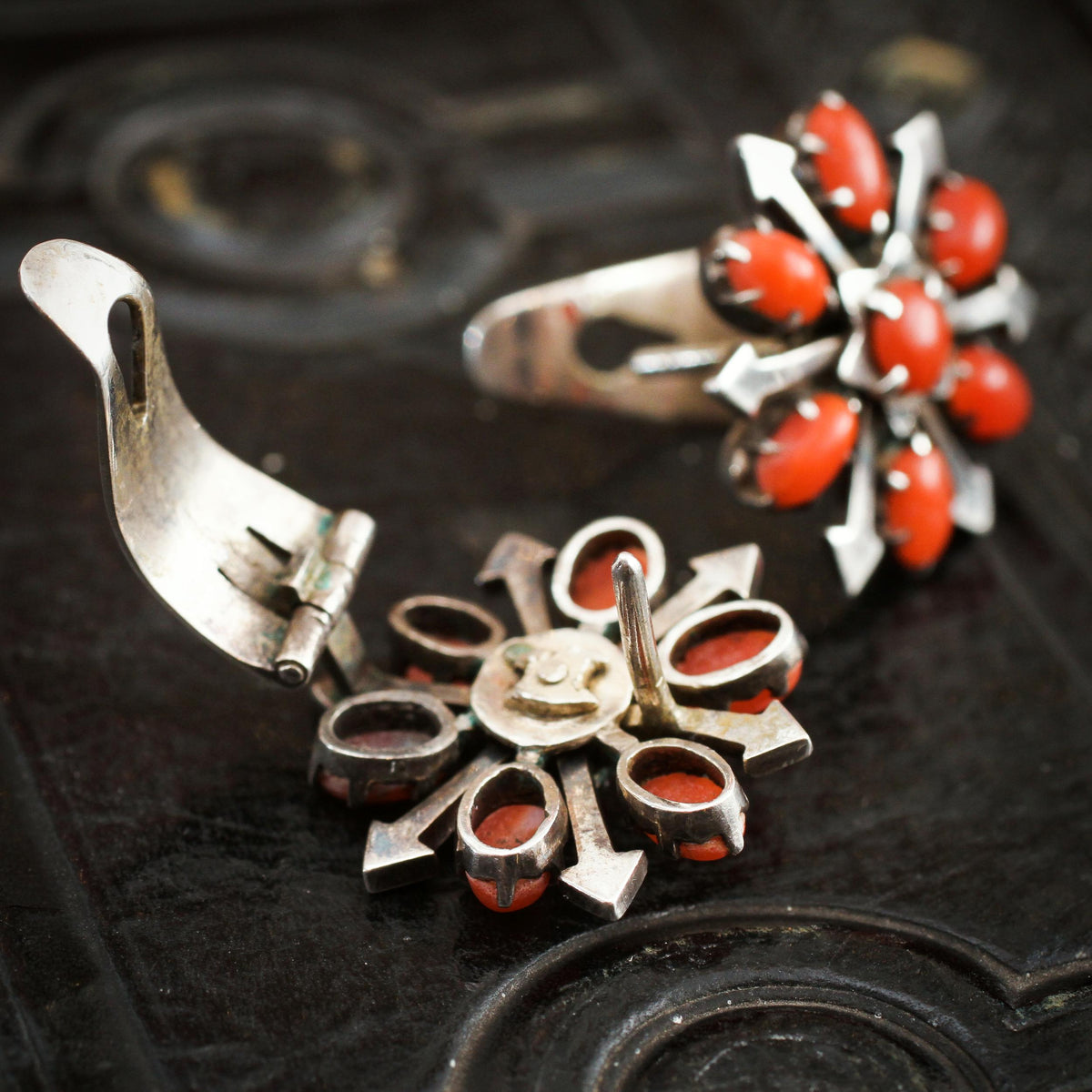 Vintage Mid Century Mexican Coral Silver Earrings