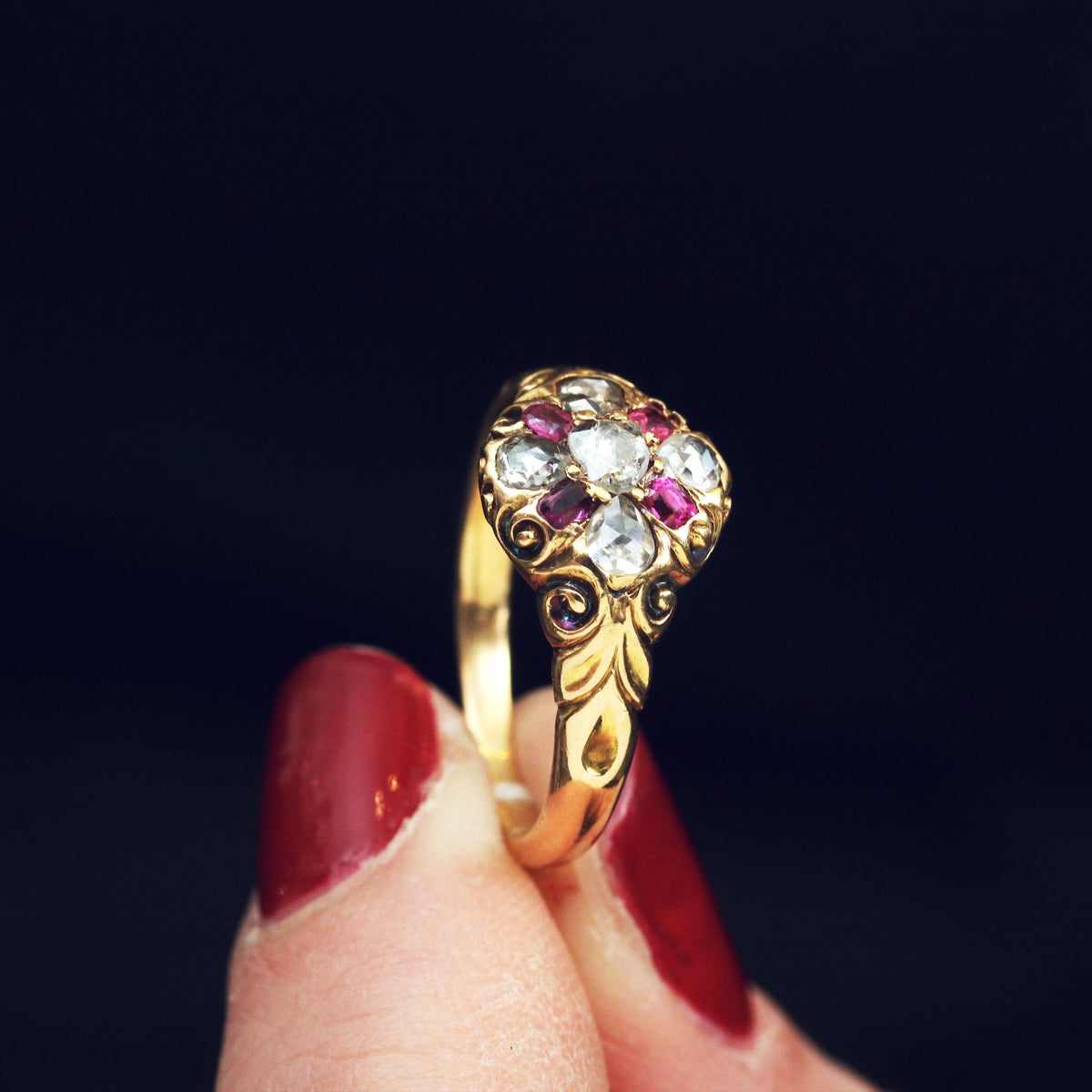 Scarce and Beautiful Ruby and Diamond Cluster Ring