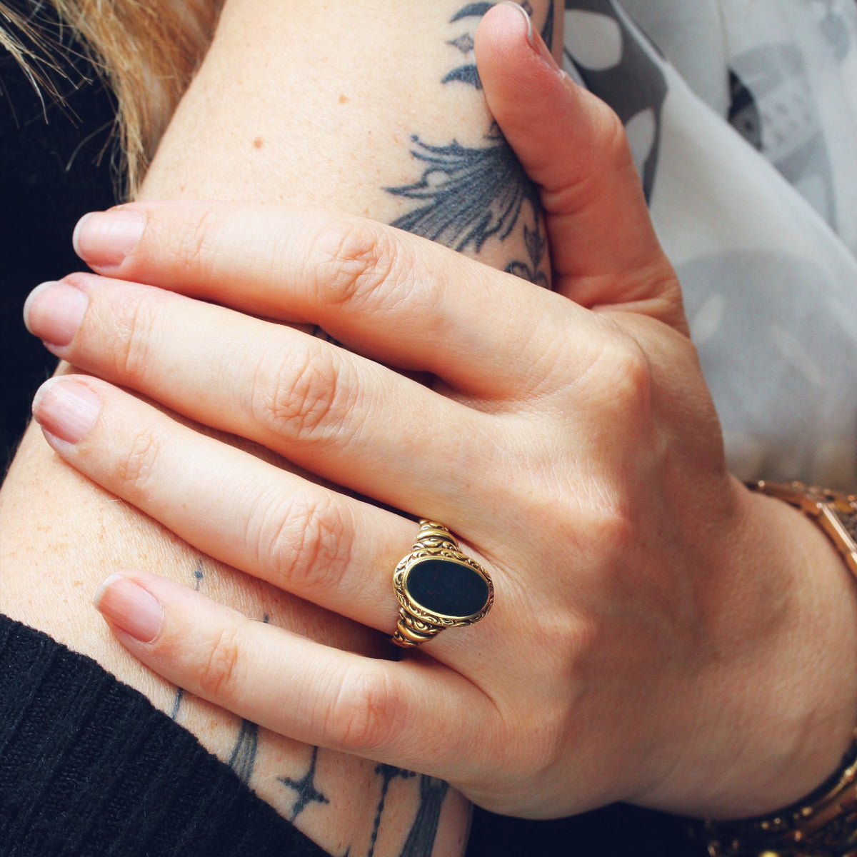 Rococo Styled 14ct Gold Bloodstone Signet Ring