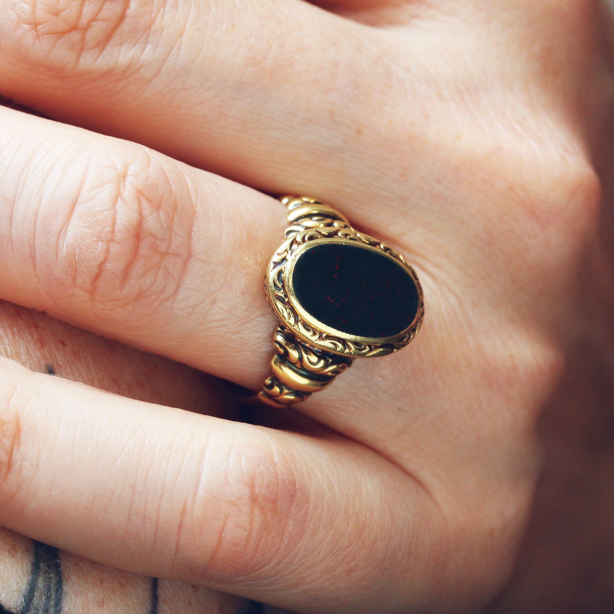 Rococo Styled 14ct Gold Bloodstone Signet Ring