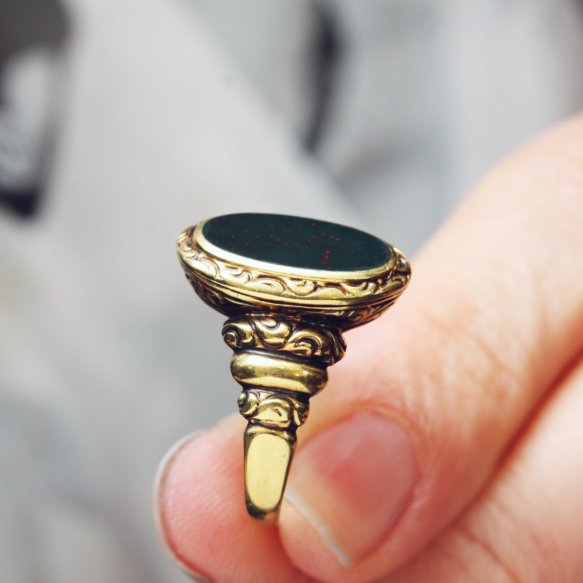 Rococo Styled 14ct Gold Bloodstone Signet Ring