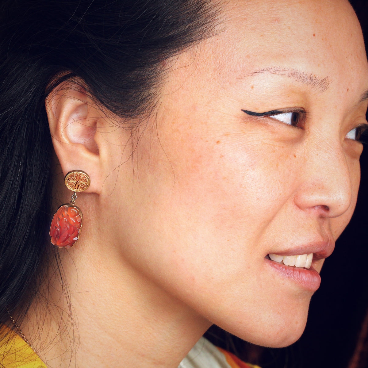 Chinese Export Carved Carnelian Filigree Earrings