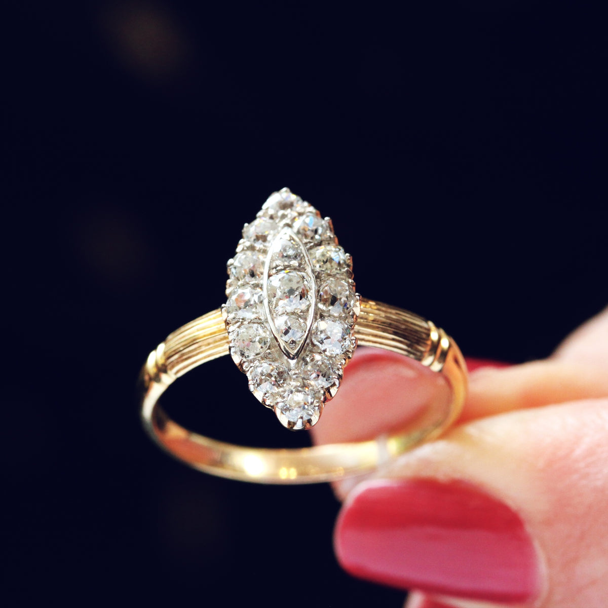 Circa 1900 Edwardian Marquise Diamond Cluster Ring